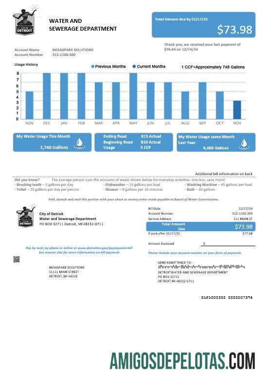 Para baixar modelo de conta de serviços públicos de água, EUA, Ohio, cidade de Detroit, em formatos Word e PDF